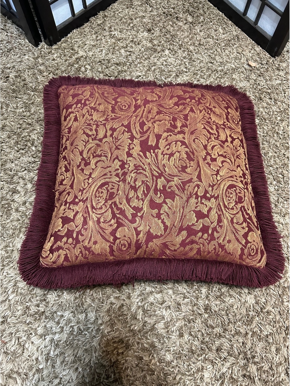 Elegant Burgundy and Gold Decorative Throw Pillow with Fringe Trim